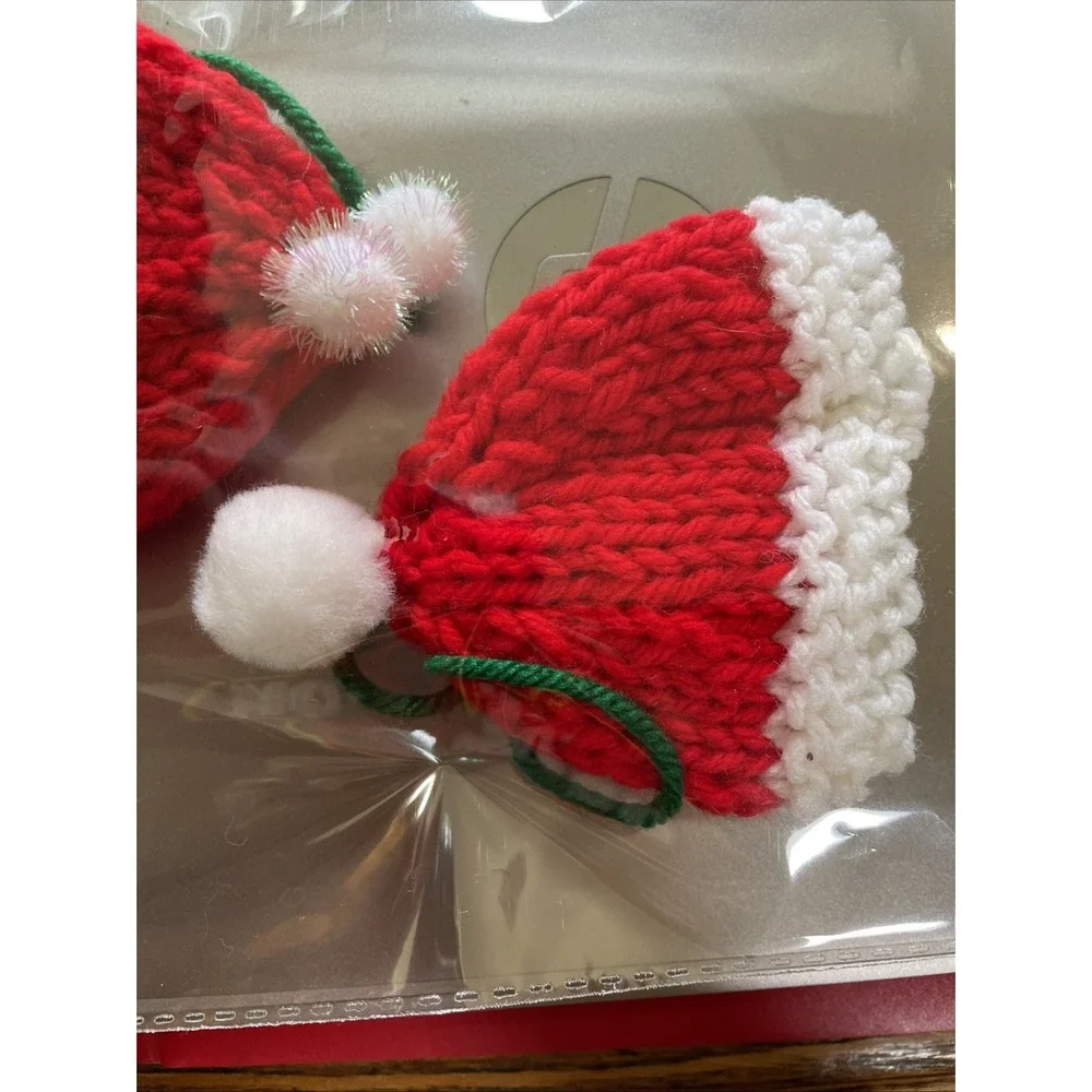 Vintage Knitted Pair Of Santa Stocking Hats Pom Pom Jingle Bell Ornament Decorat